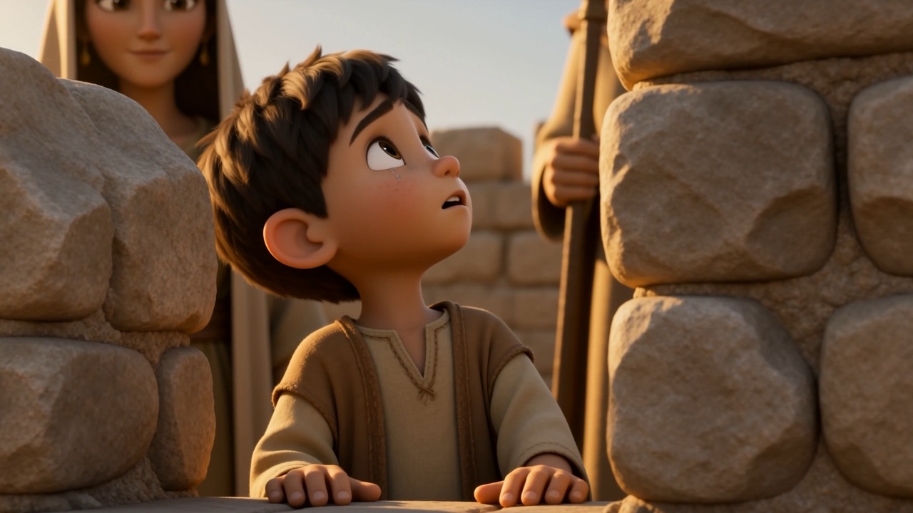 A boy pulls himself up to look