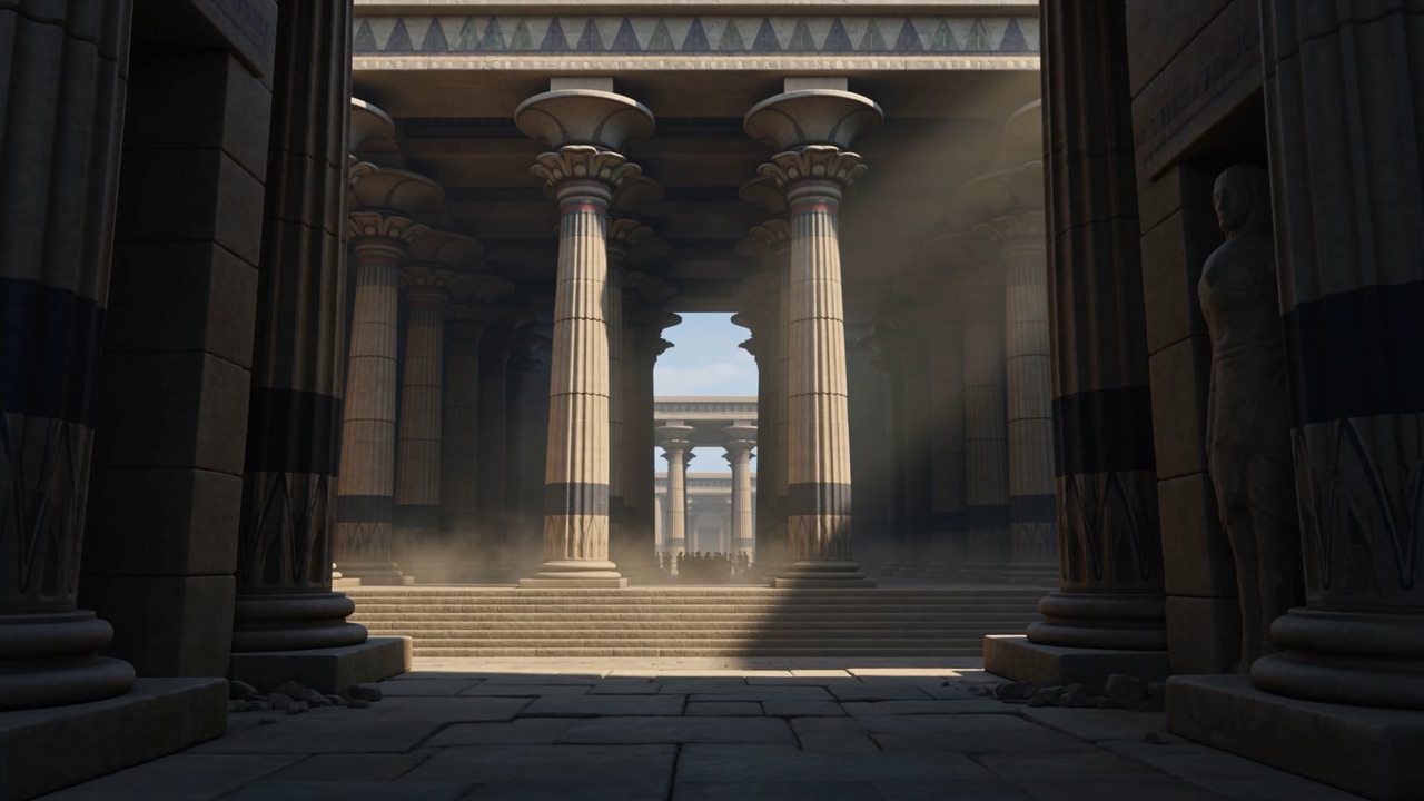 Shafts of light down a huge pillared hall