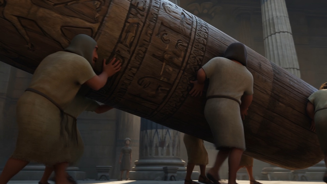Two men wrestle a carved pagan pillar upright