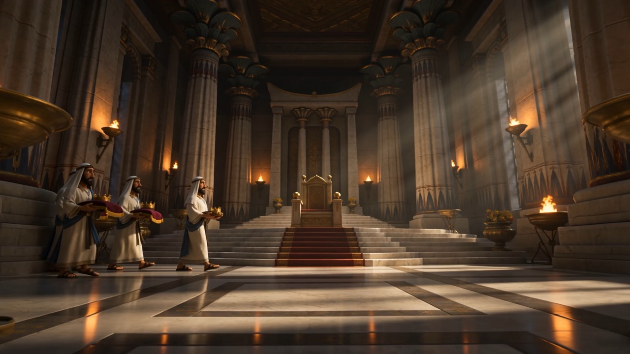 A throne room being made ready, servants crossing it