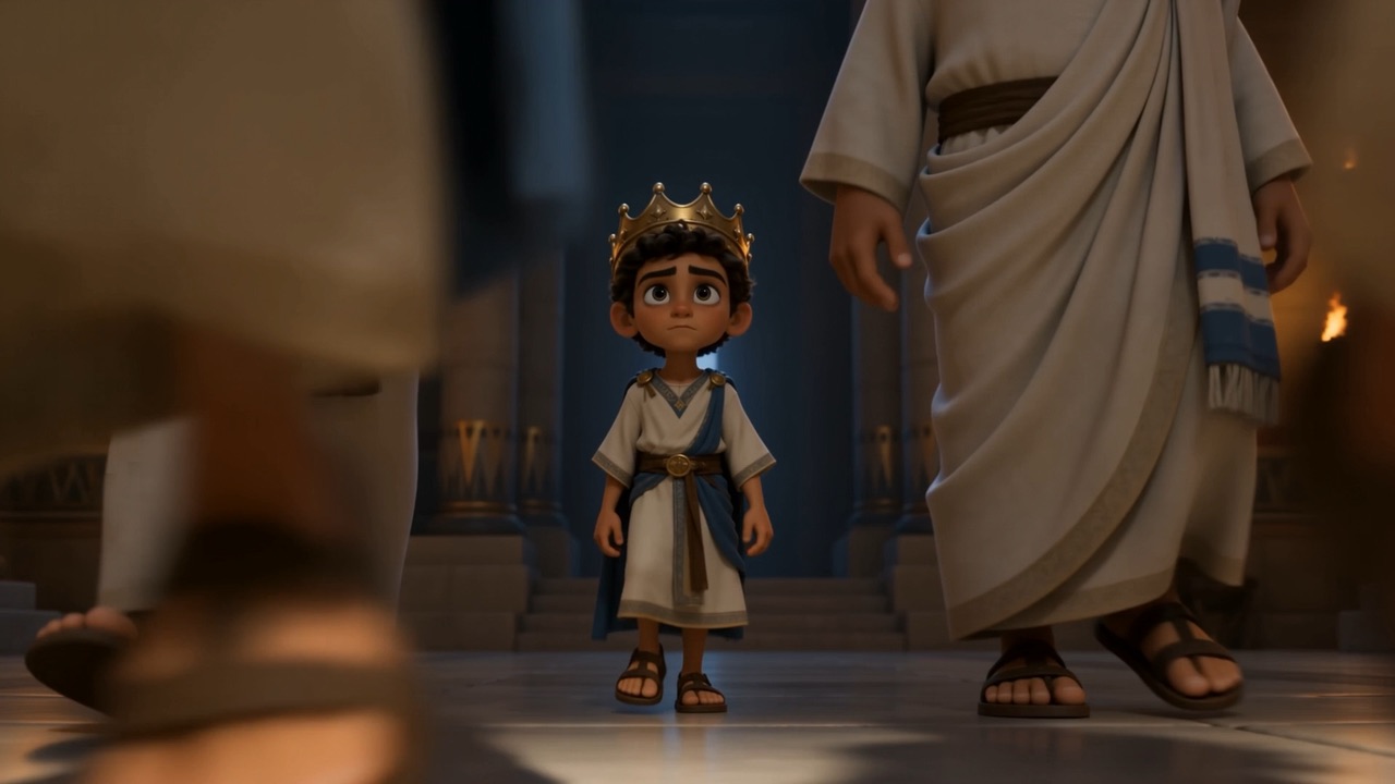 He looks up at the grown-ups on either side