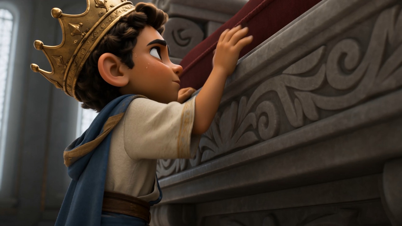 A small hand grips the arm of an enormous throne