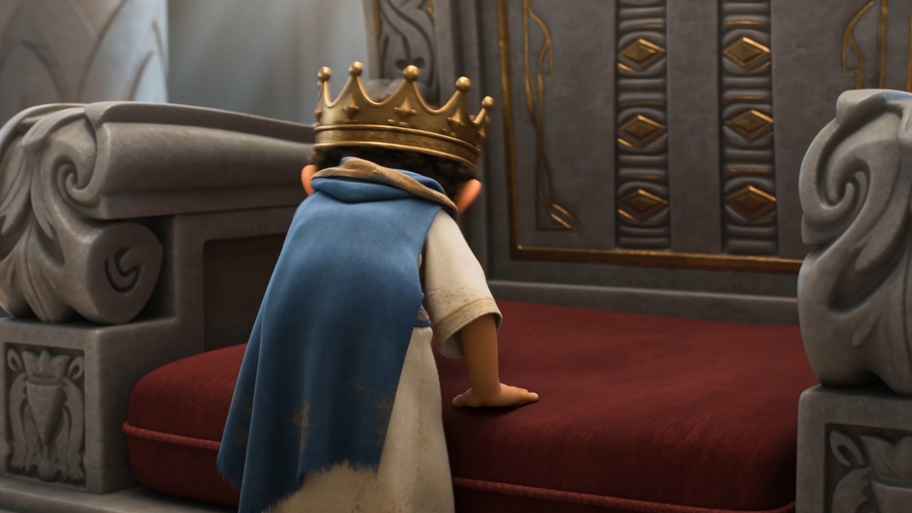 He climbs onto the seat, crown slipping