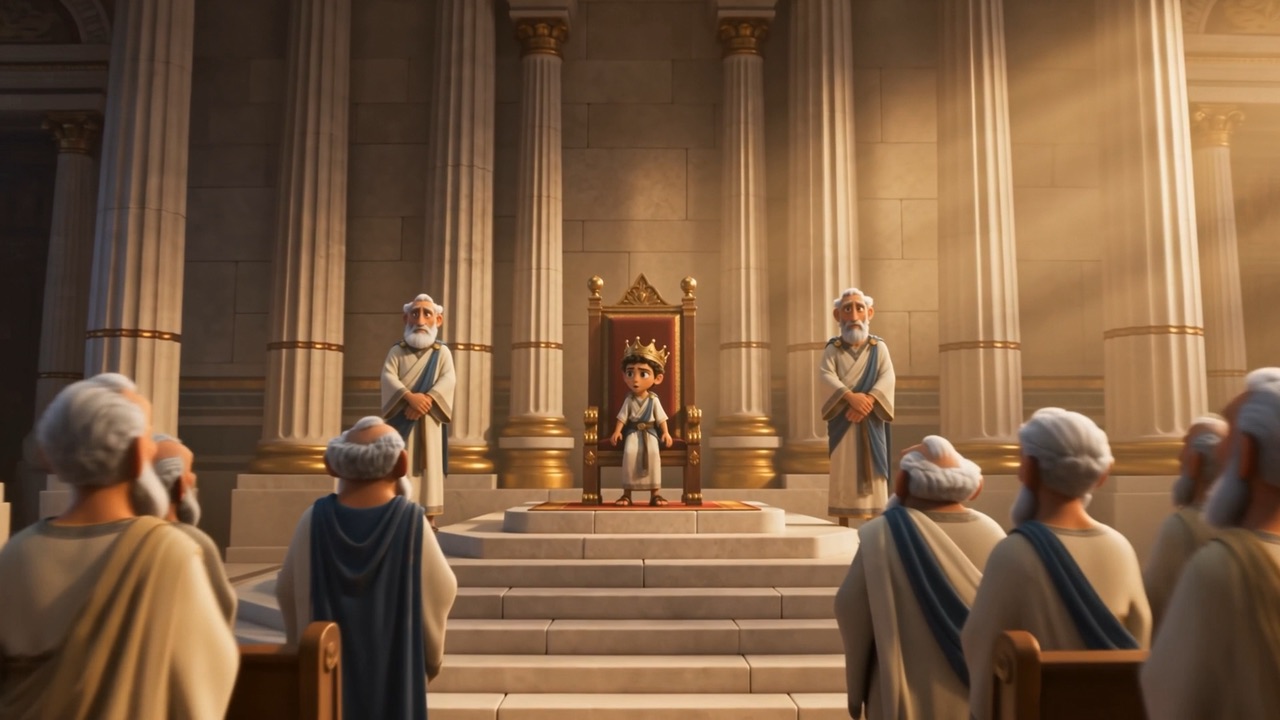 The boy on the throne, an official at the foot of the steps