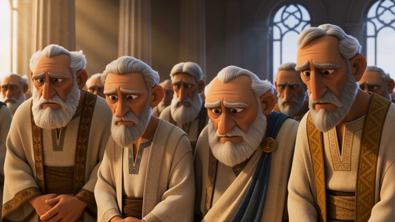 A row of elders, considering him