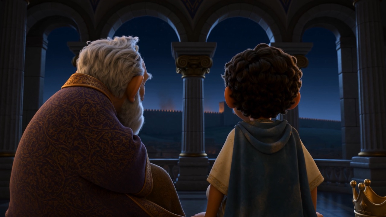 Two figures at a parapet under a blue night