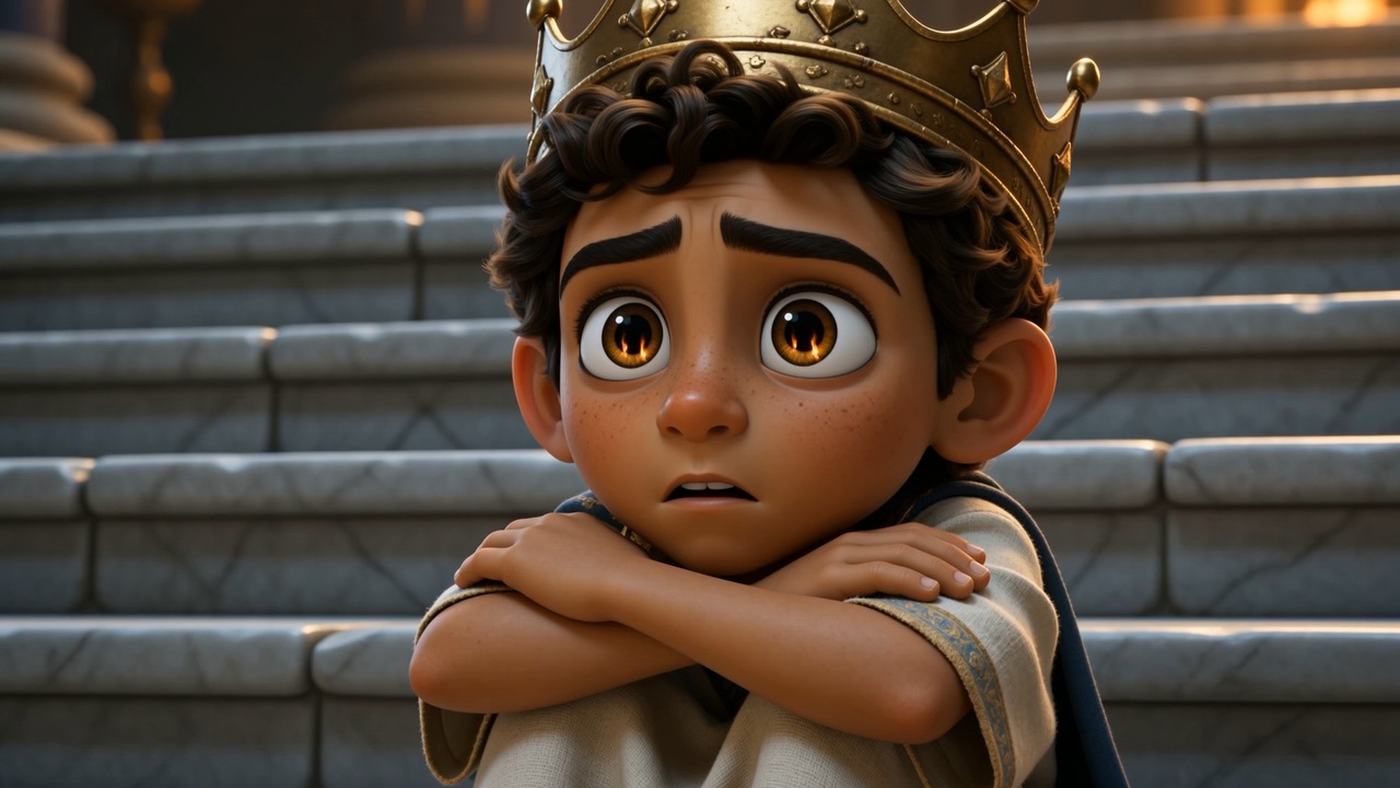 The boy sitting on a step with his chin on his arms