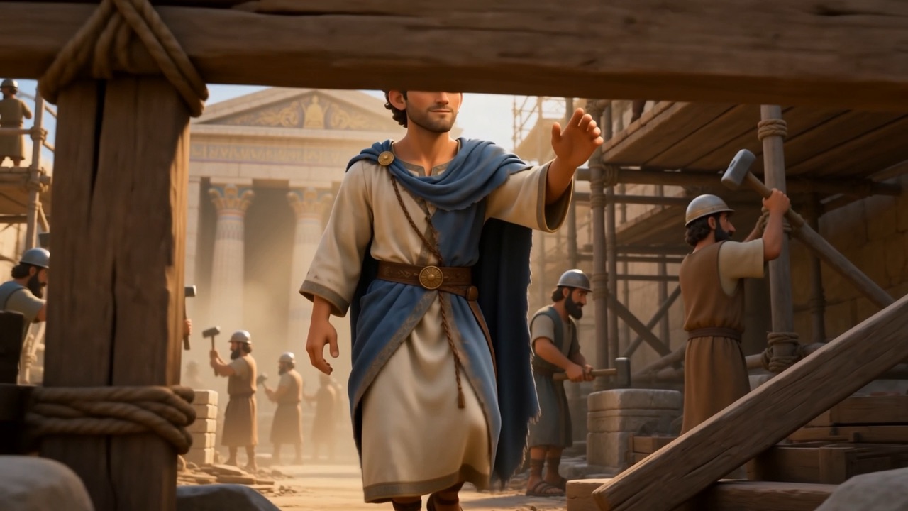 A grown Josiah on the boards among the workmen