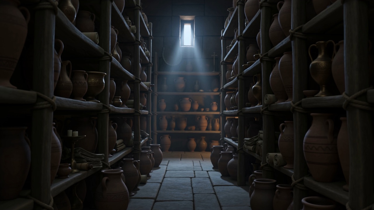 A dark storeroom stacked with jars