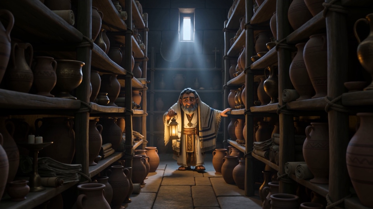 A figure with a lamp far down the racks