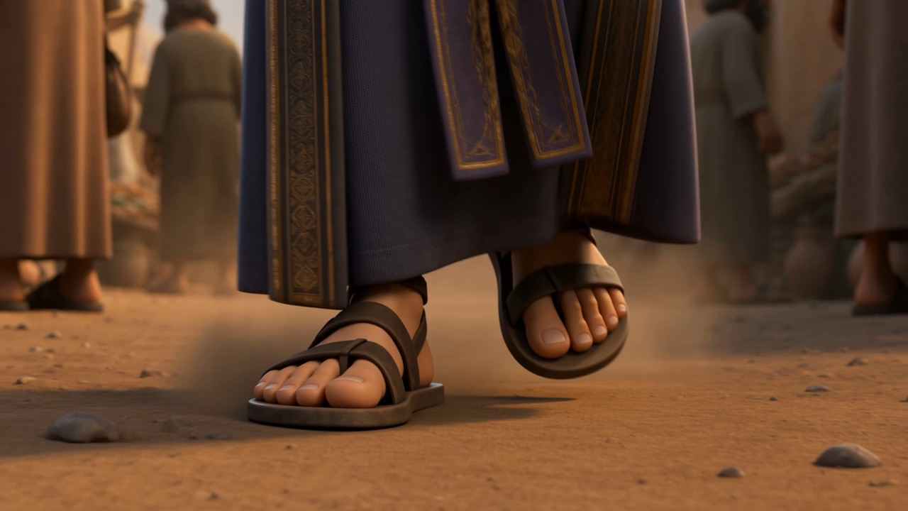 Sandalled feet moving fast over dust