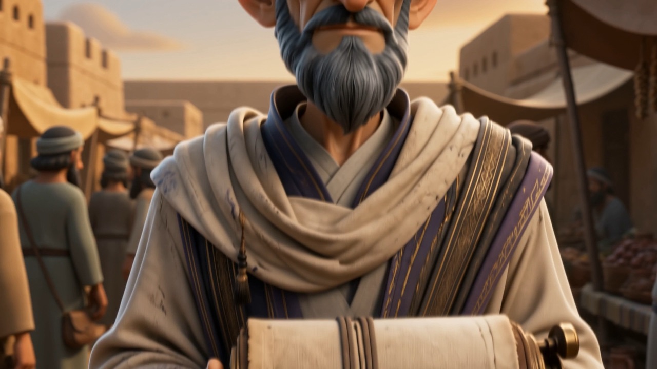 A scribe carrying a scroll through a market