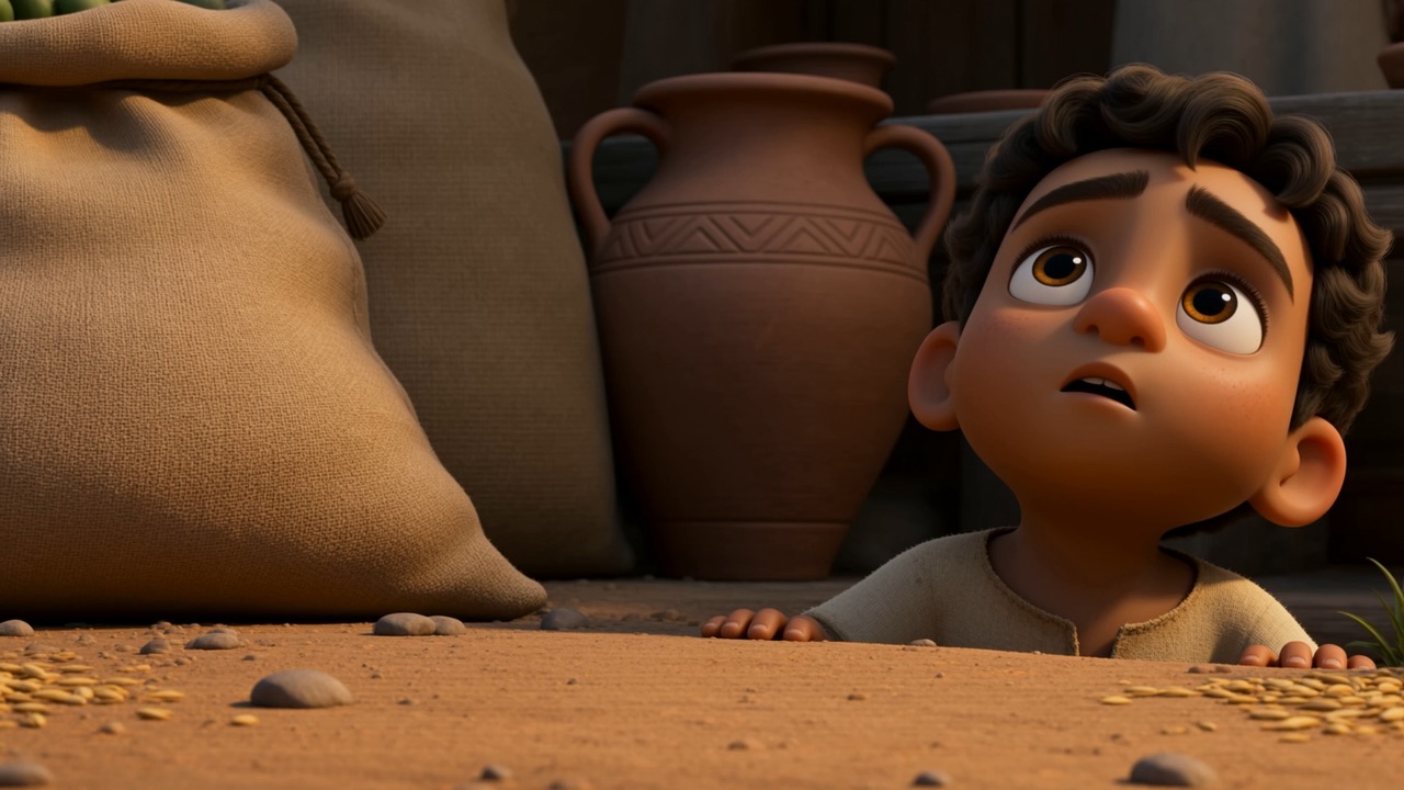 A child looks up from the ground