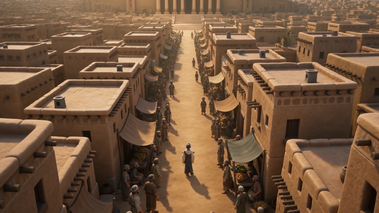 He climbs toward the palace, seen from above