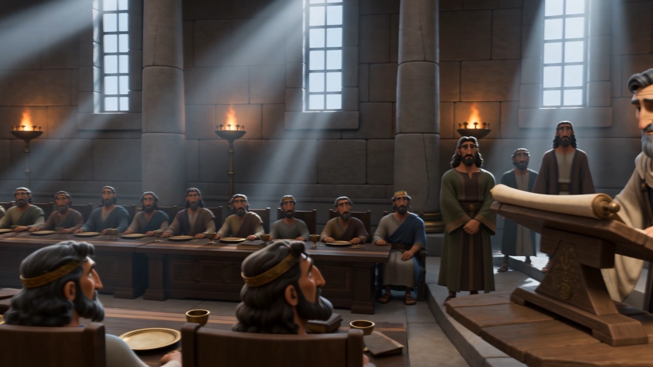 The hall, the court seated, a lectern set out