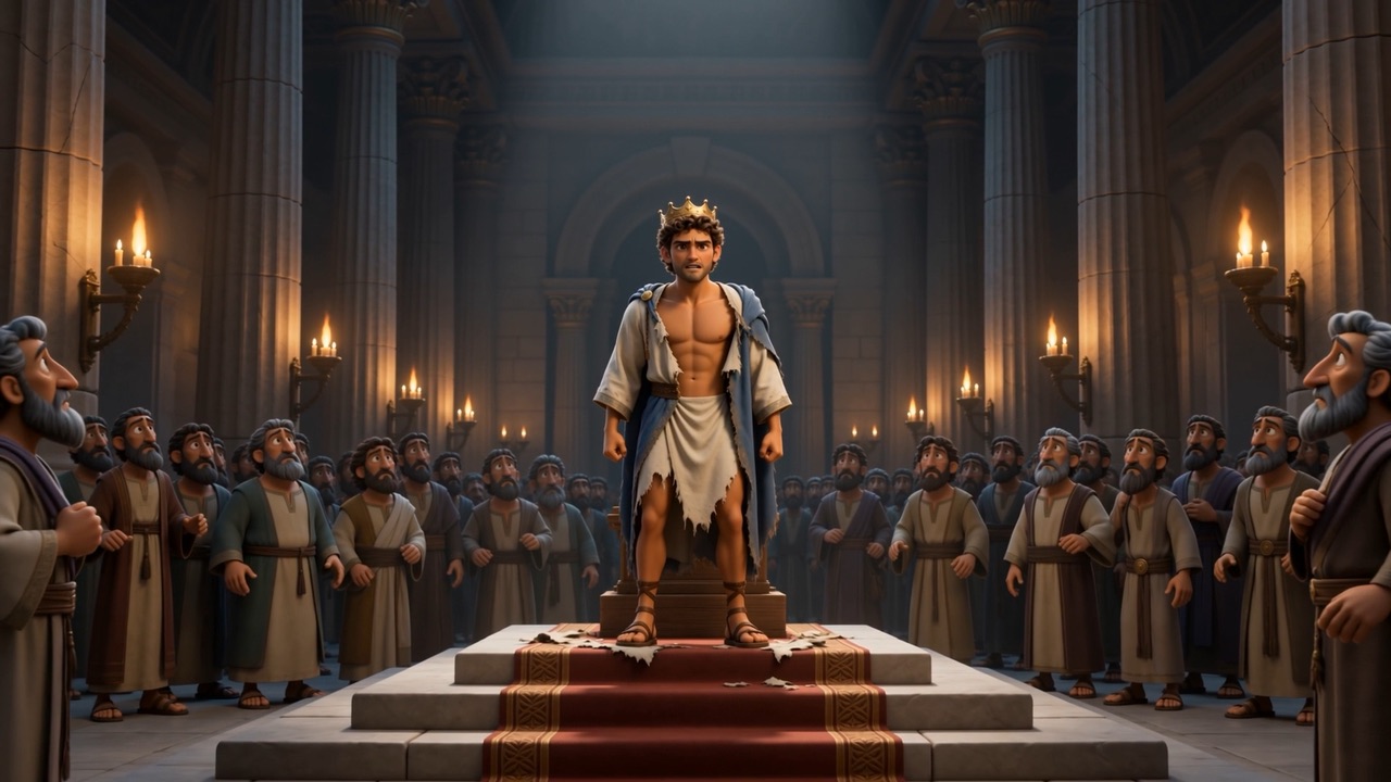 He stands in torn clothes at the top of the steps