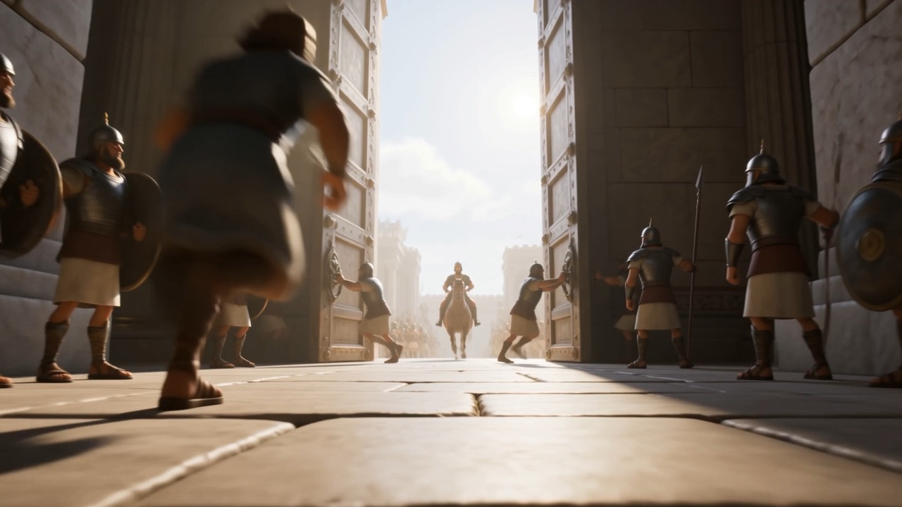 A messenger running down a corridor