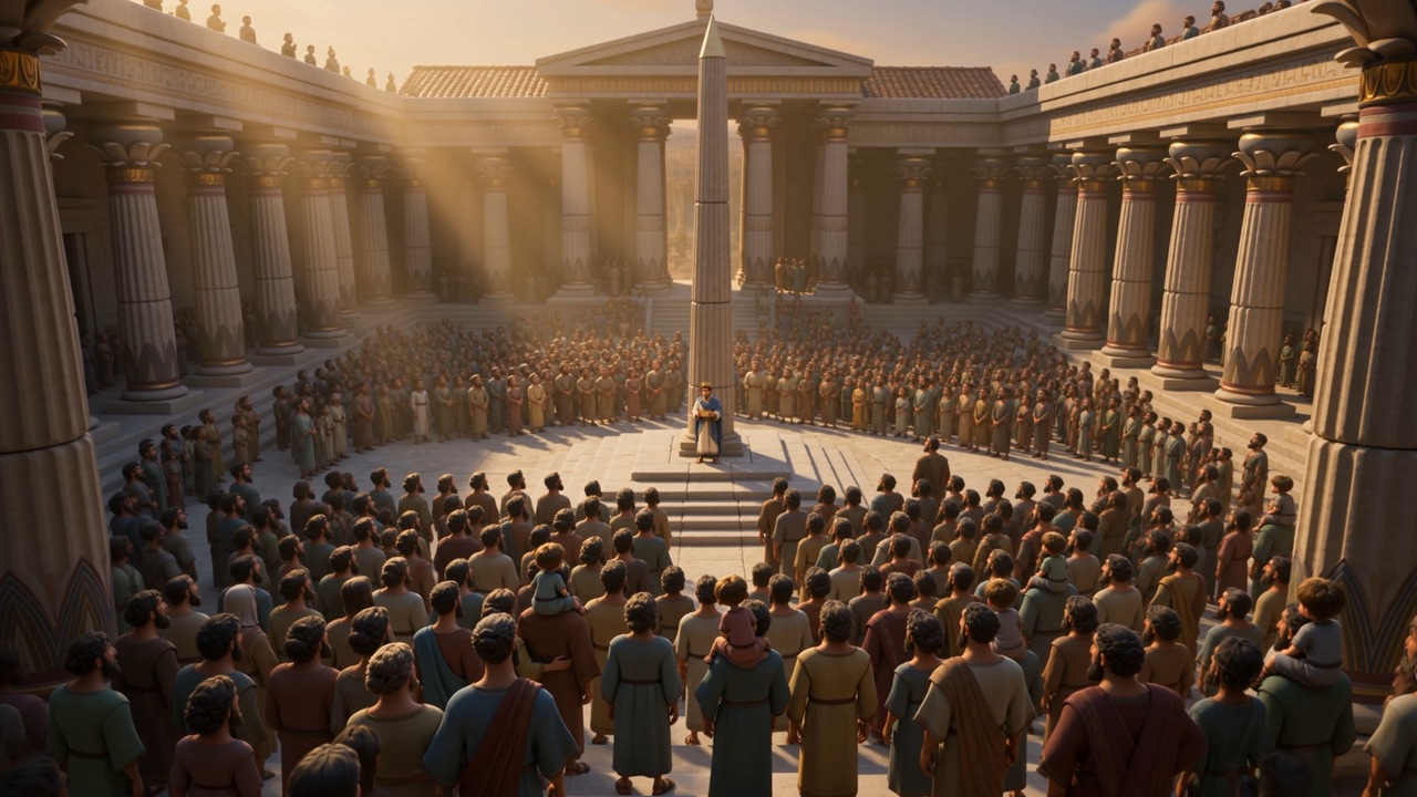 An enormous crowd filling the temple courts