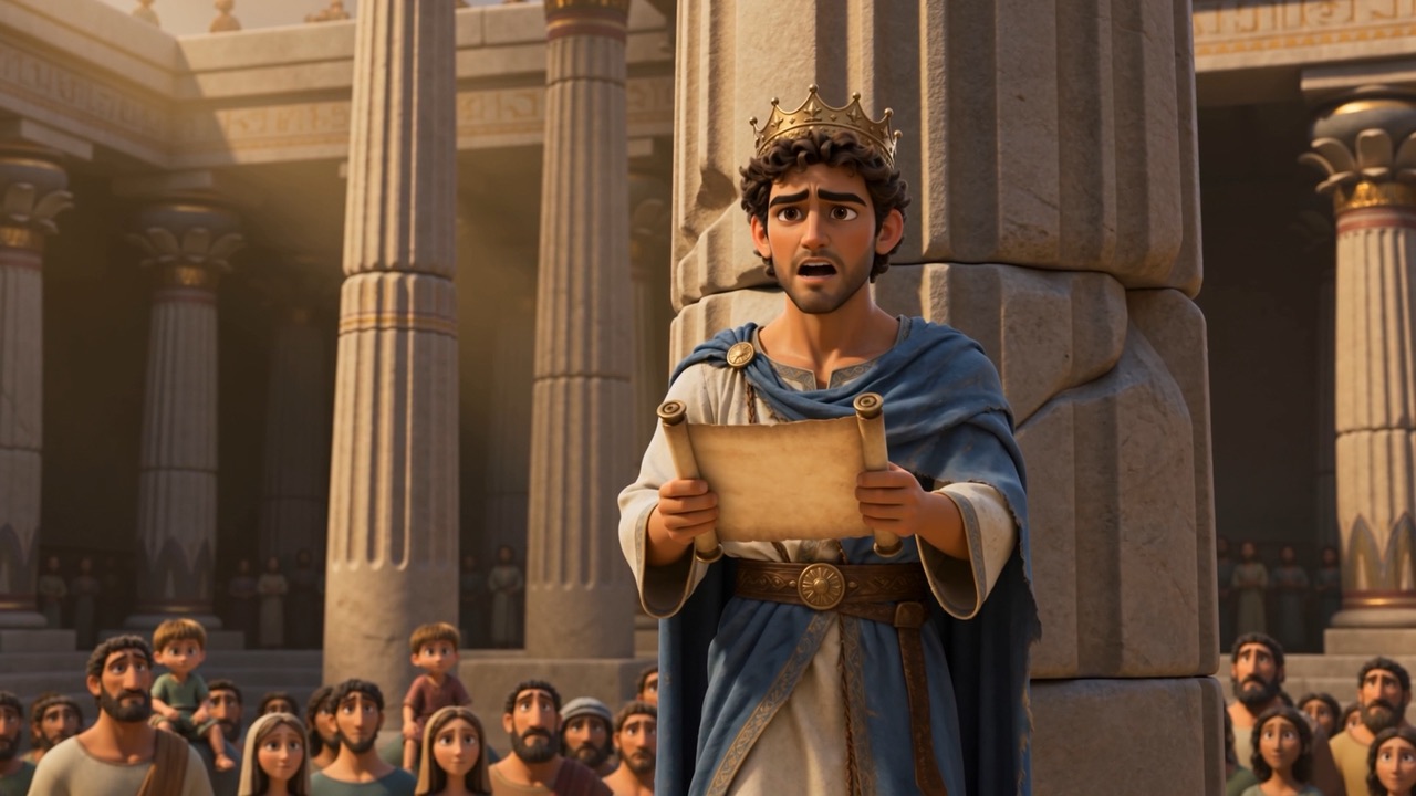 The king comes out holding the scroll himself