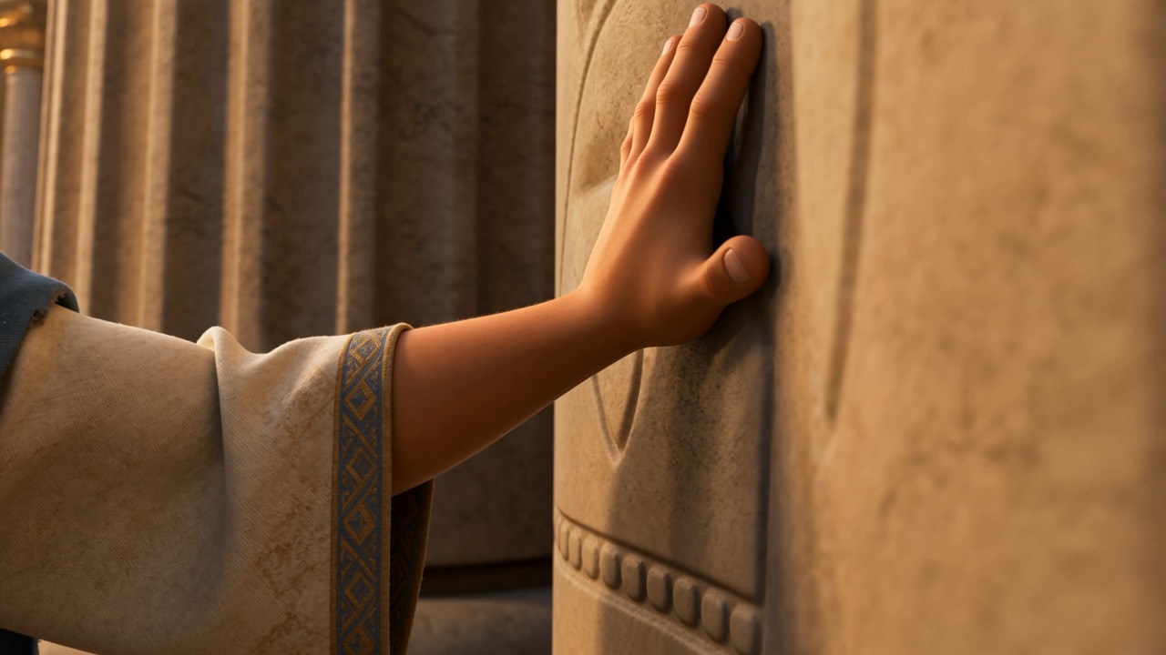 A hand placed flat against a stone pillar