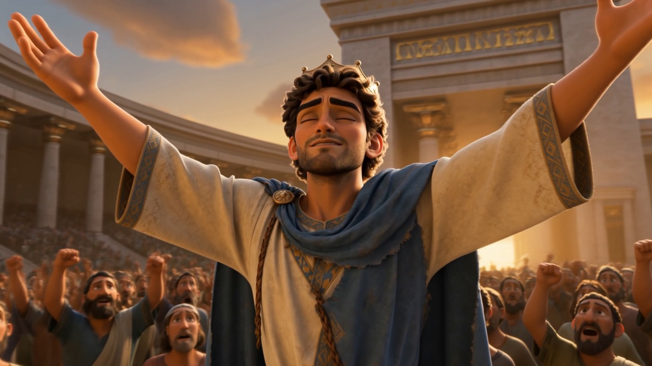 He turns with both arms wide