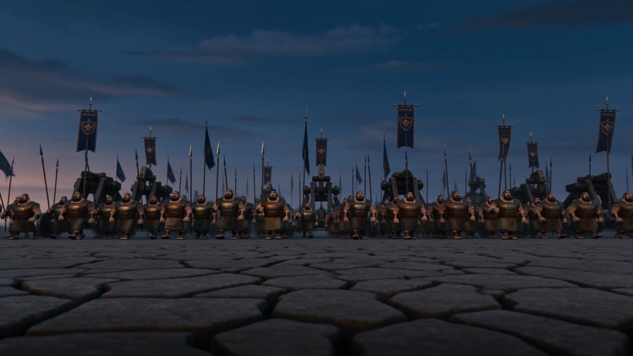 A line of banners along a ridge at dusk