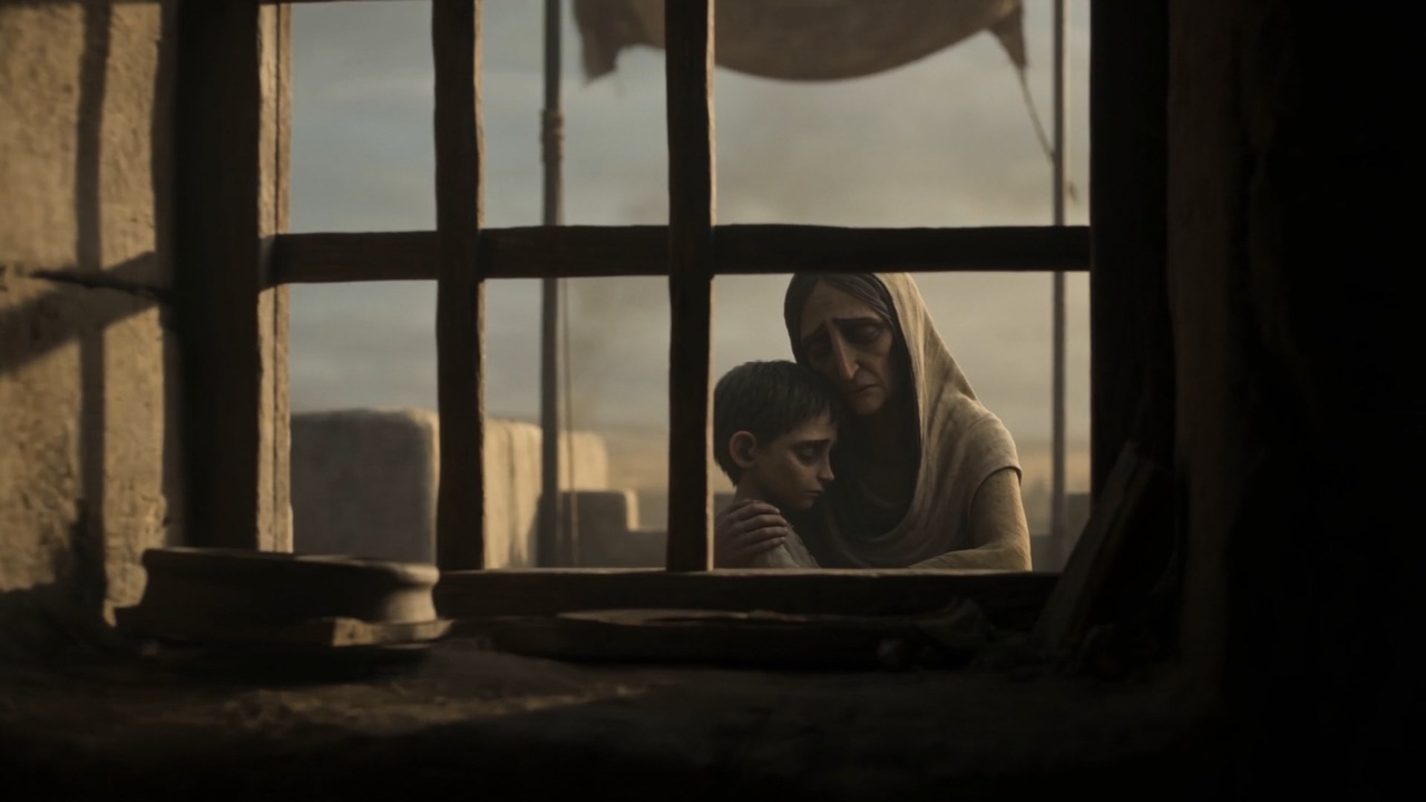 A woman and a child at a barred window