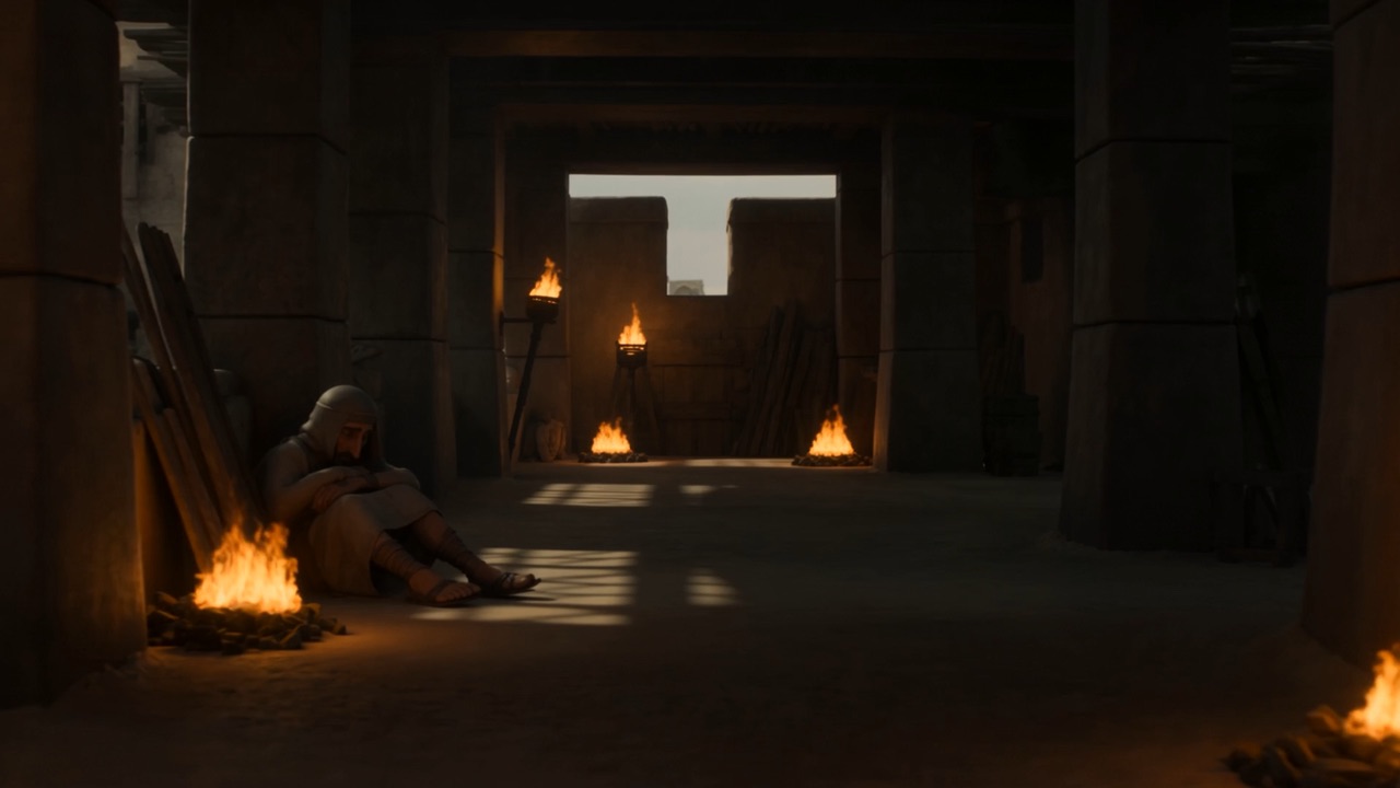 A soldier slumped by a fire in a gatehouse