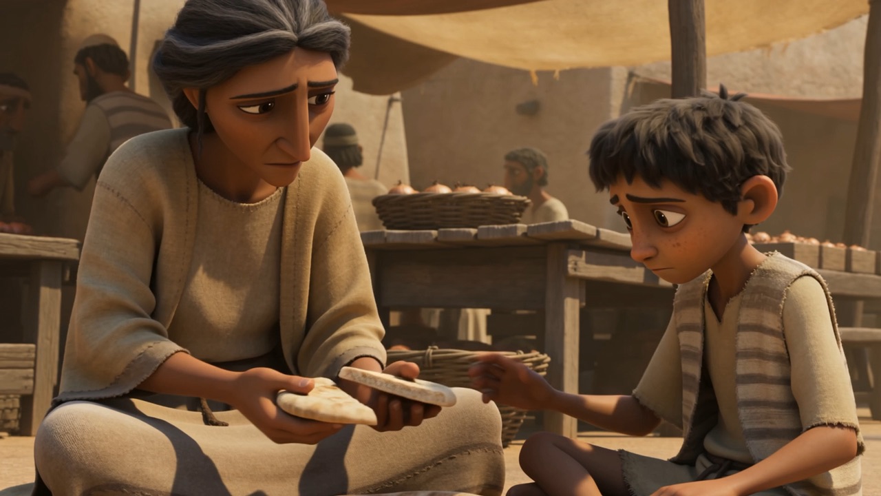 He hands a piece to the boy