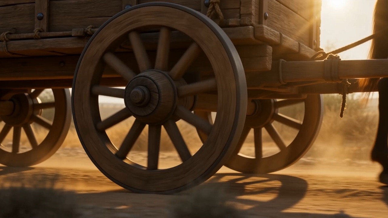 A cart wheel turning in dust