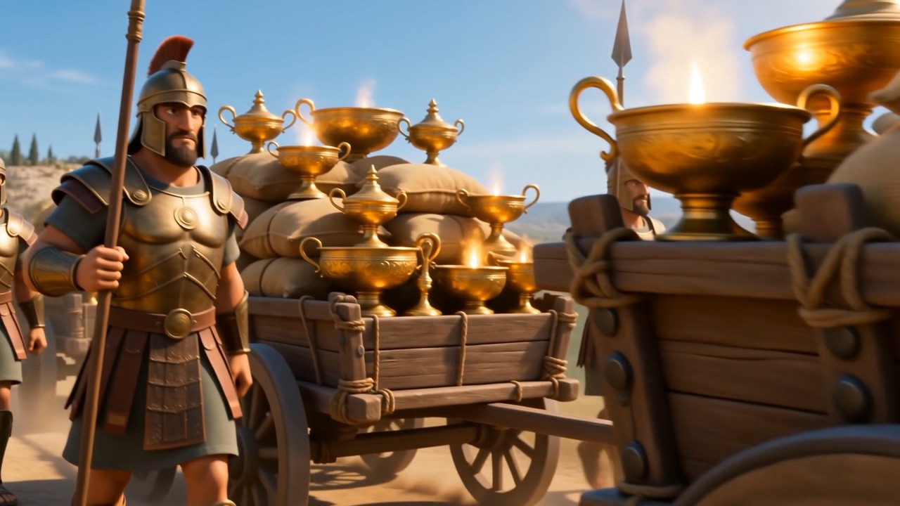 A guard beside a cart stacked with temple gold