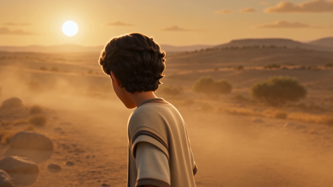He turns and looks back at the city on the hill