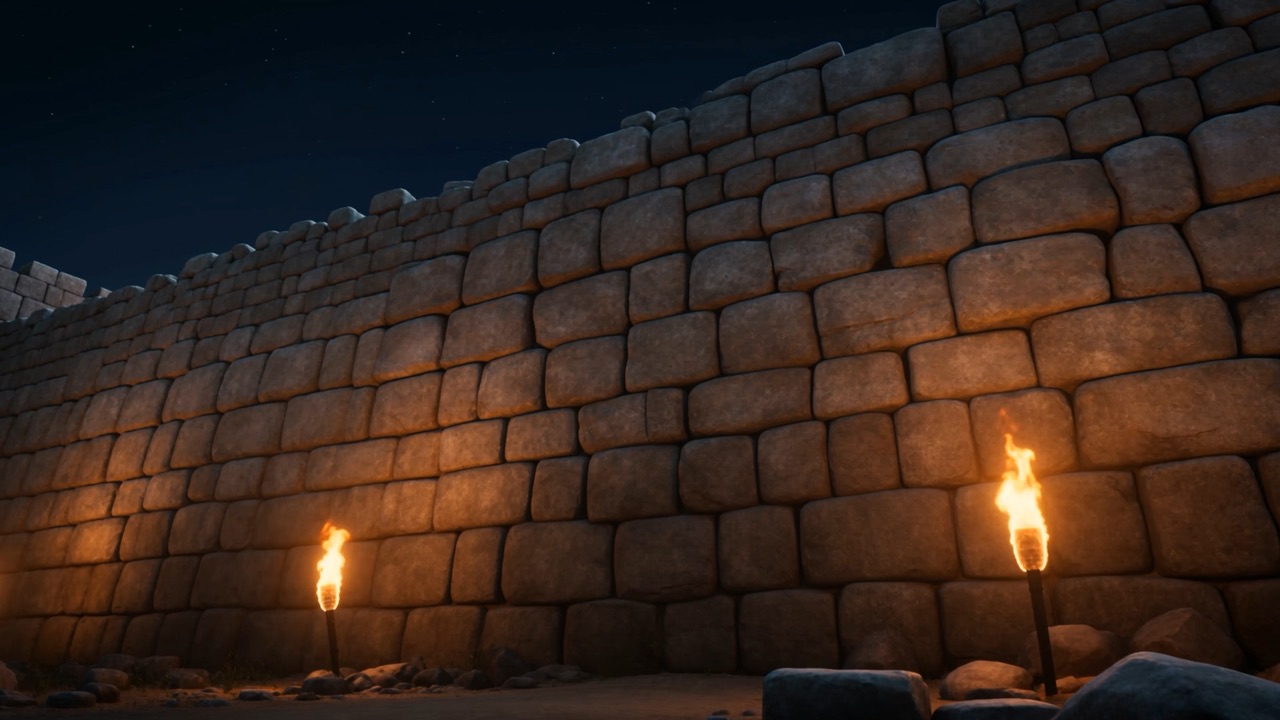 The wall at night, two torches burning on it
