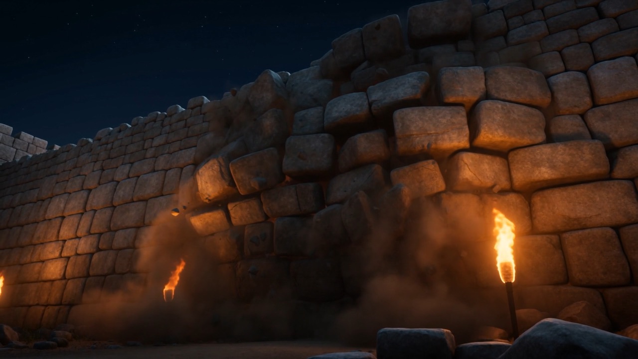 Dust bursts out of the stonework