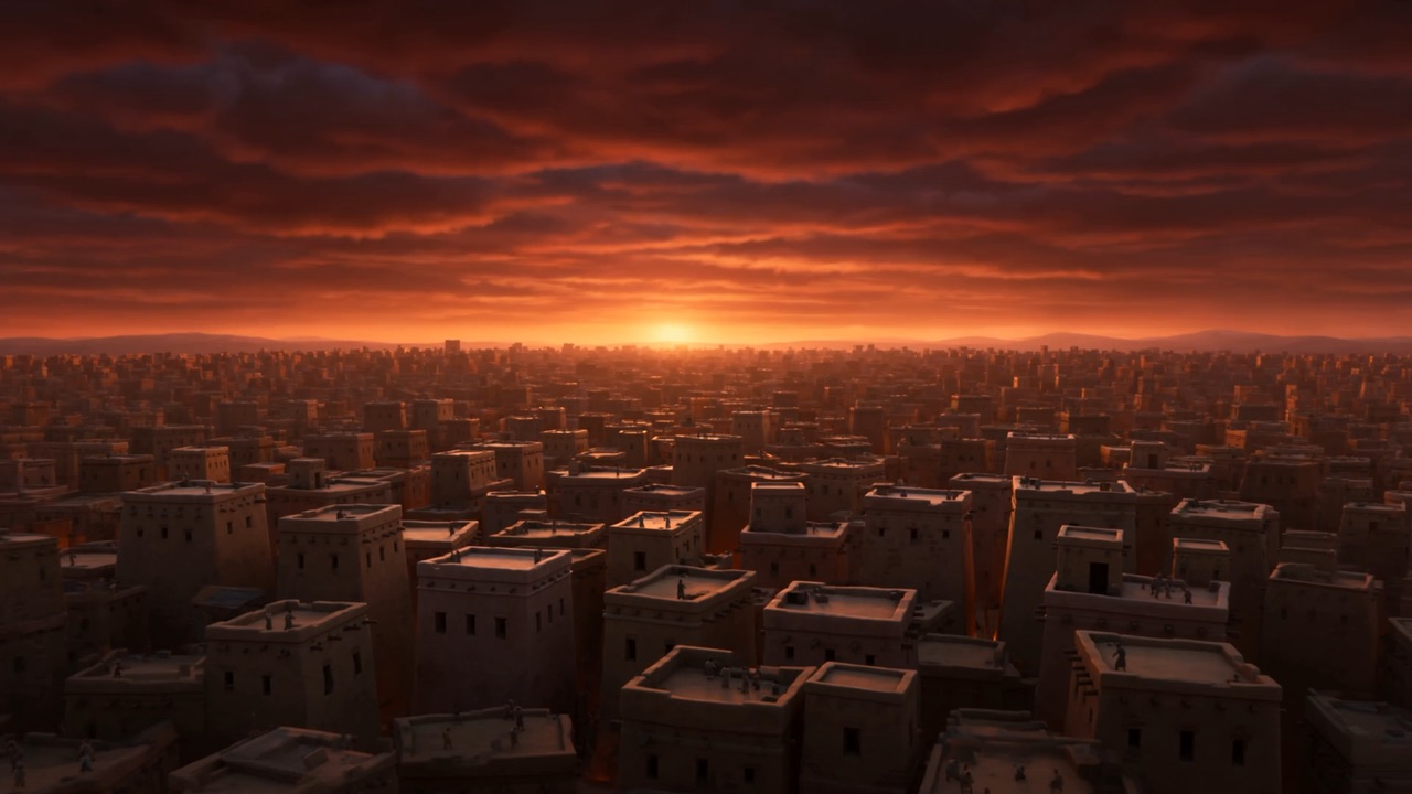 The city from above, red under a black sky