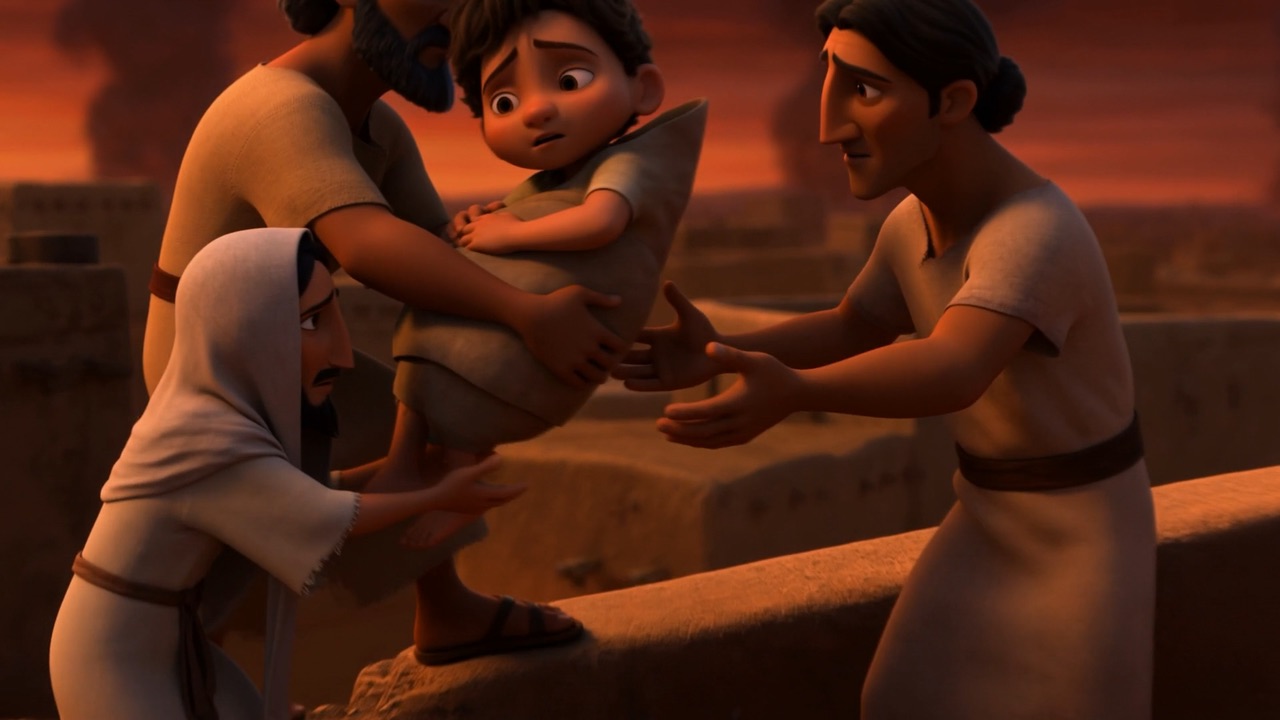 A child handed across a gap between houses