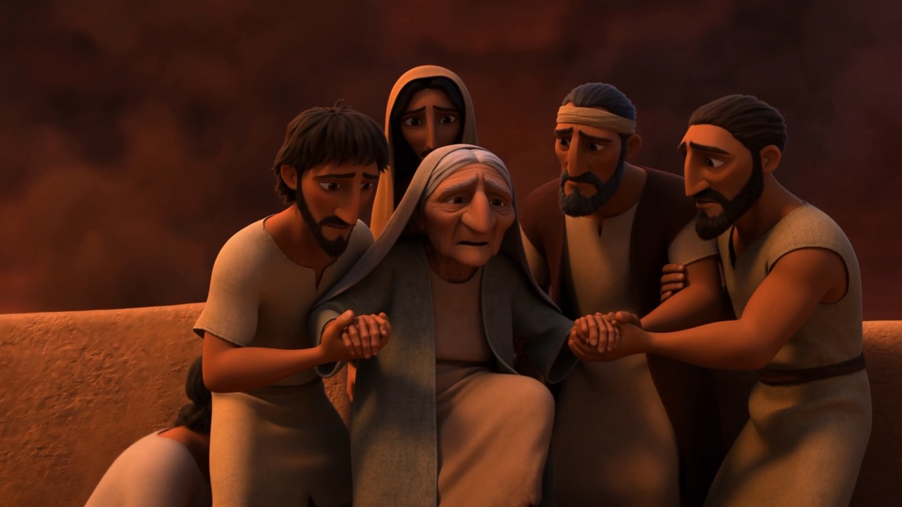An old woman helped over a parapet