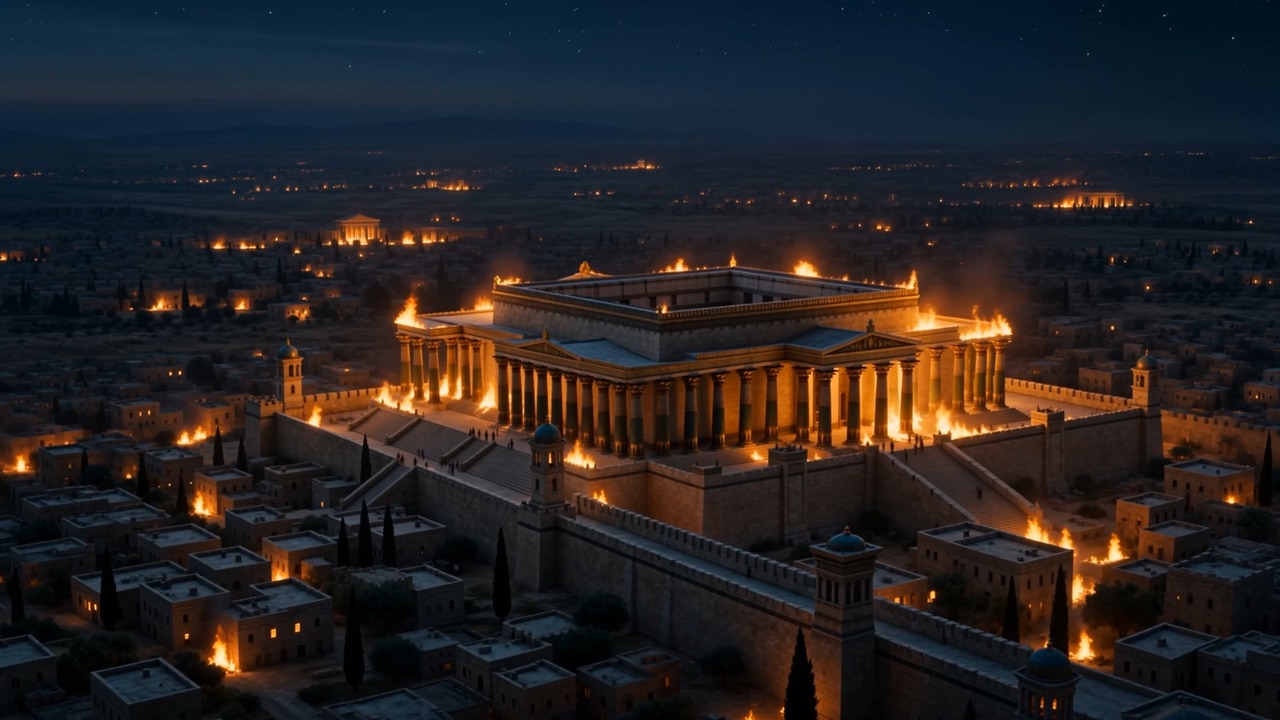The temple precinct at night, lights along its length