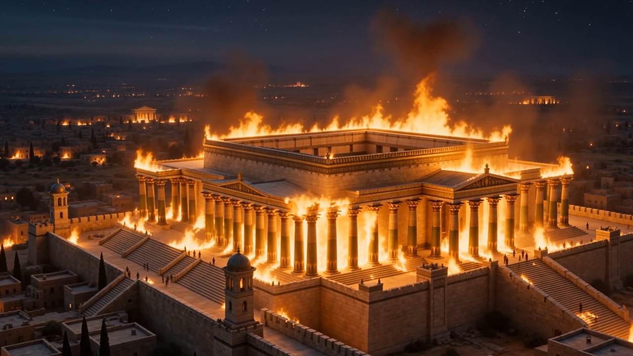 The whole complex alight, seen from across the city