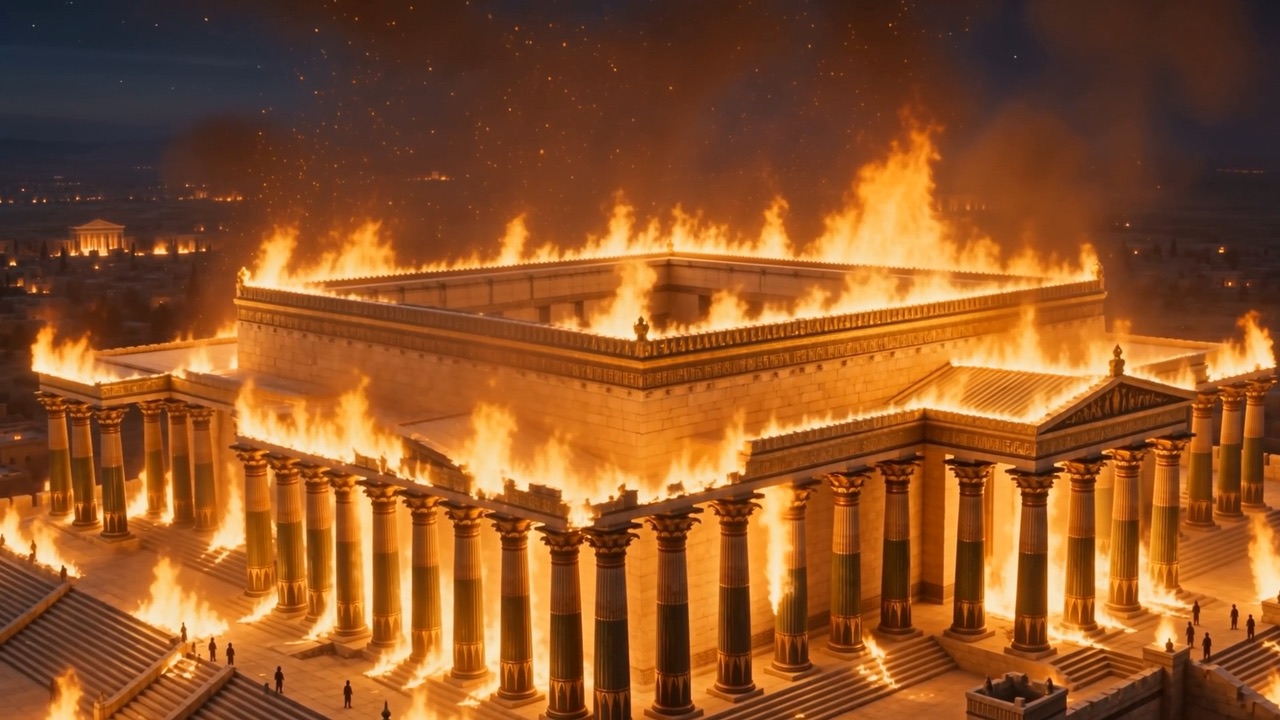 It burns against a black sky