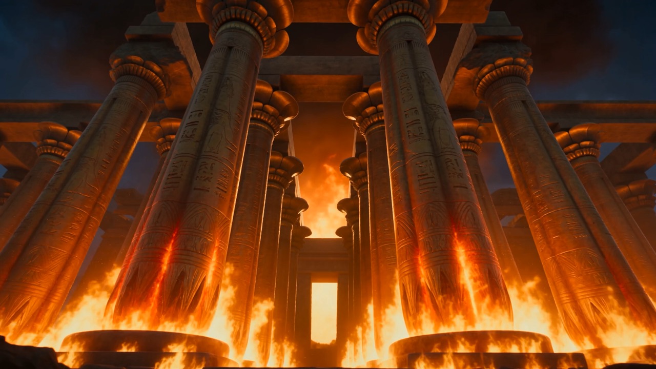 Two great bronze pillars against the fire