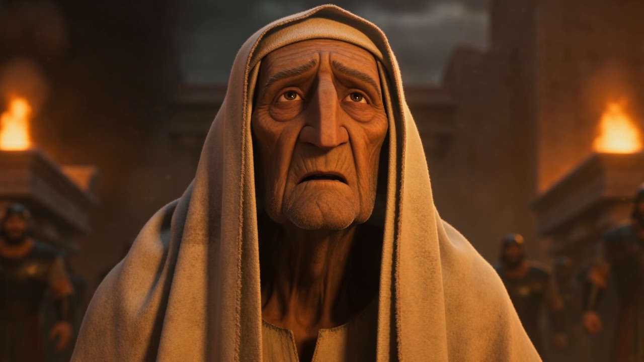 His face, lit by the fire behind him