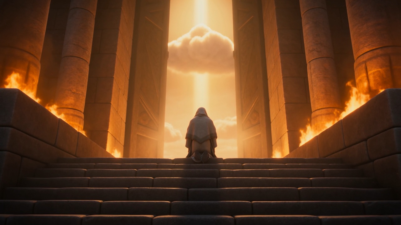 In the doorway ahead of him — a soft white cloud