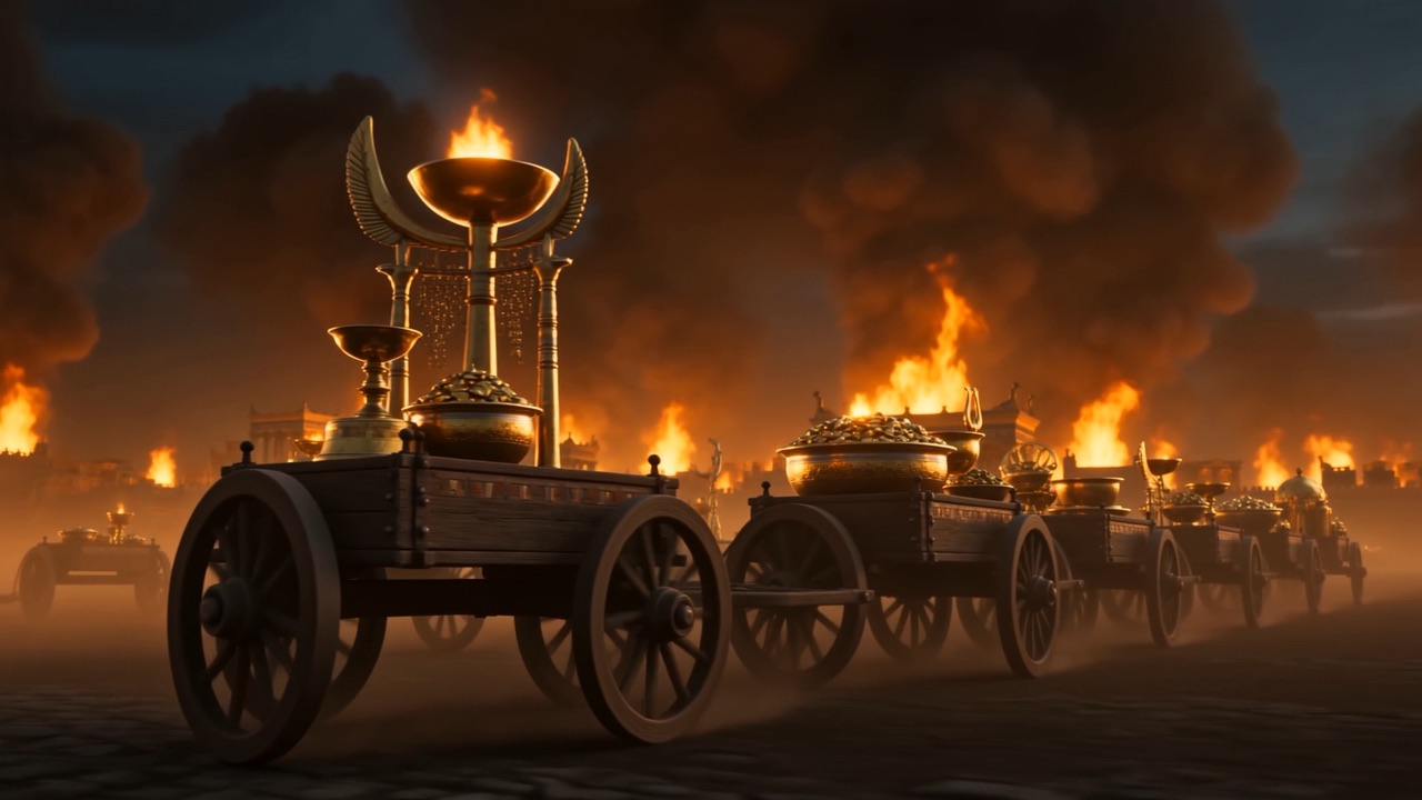 The convoy pulling away past the burning walls