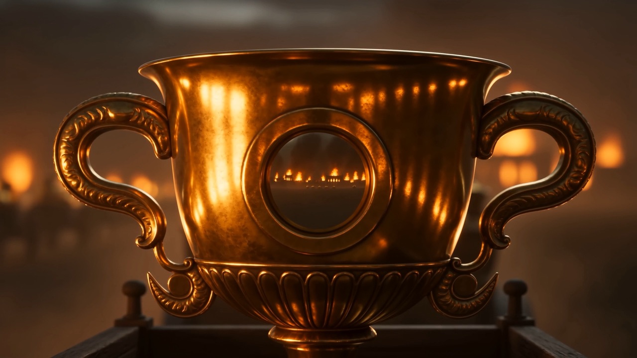 A two-handled cup, and the fires curved across it
