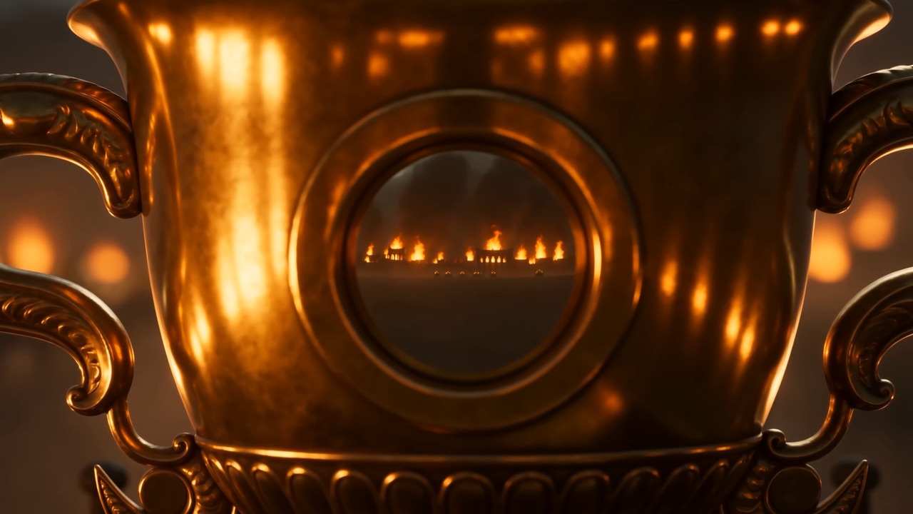 The reflection, close — a whole city on a piece of metal