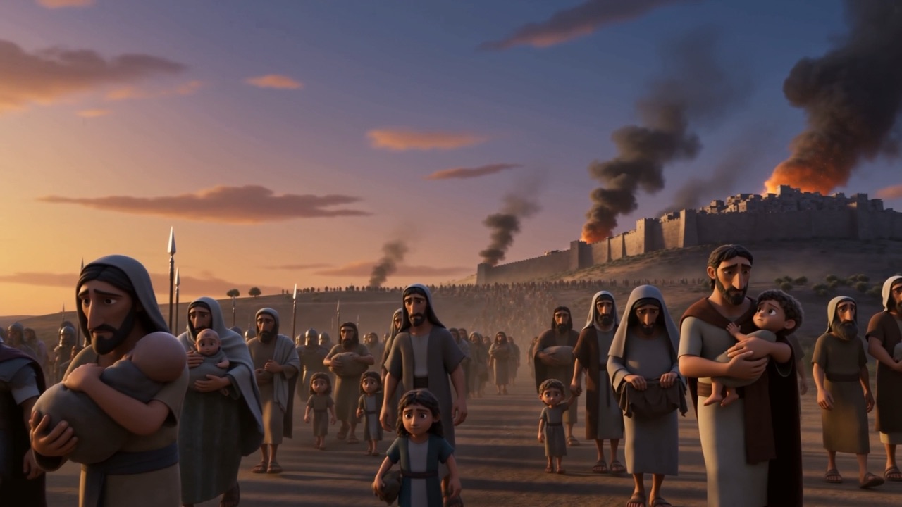 A man carrying a bundle, and a child holding his cloak