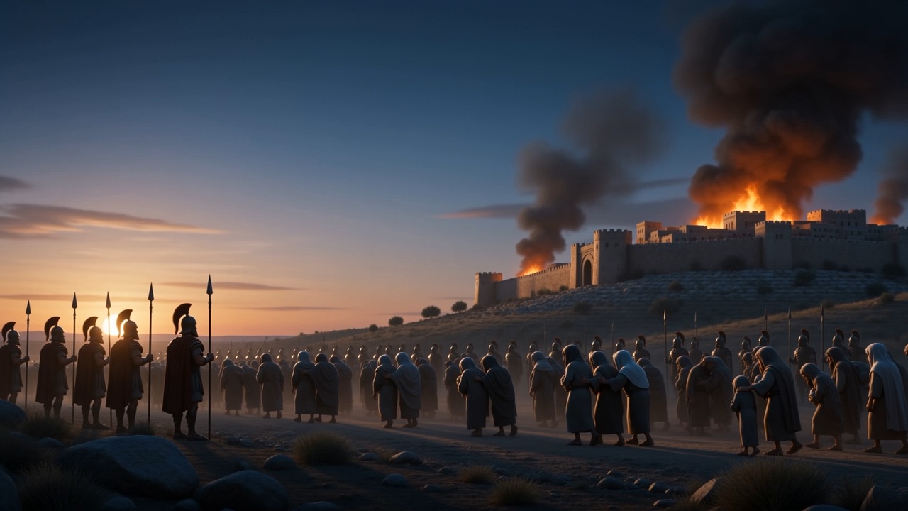 The line stretches back to the burning city on the hill