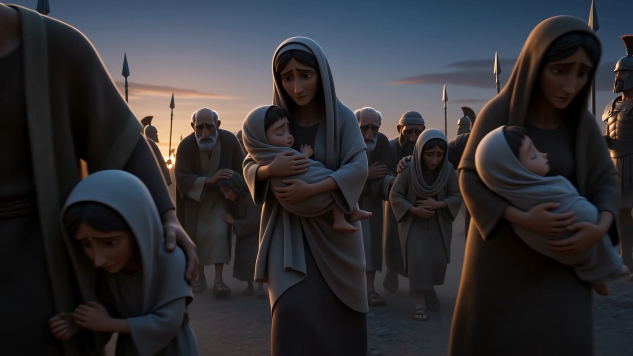 A woman with a baby, and a girl gripping her sleeve