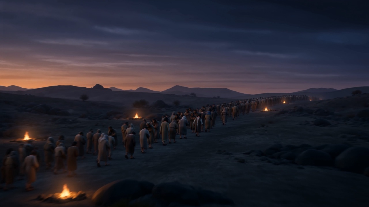 Lamps moving in the dark across open ground